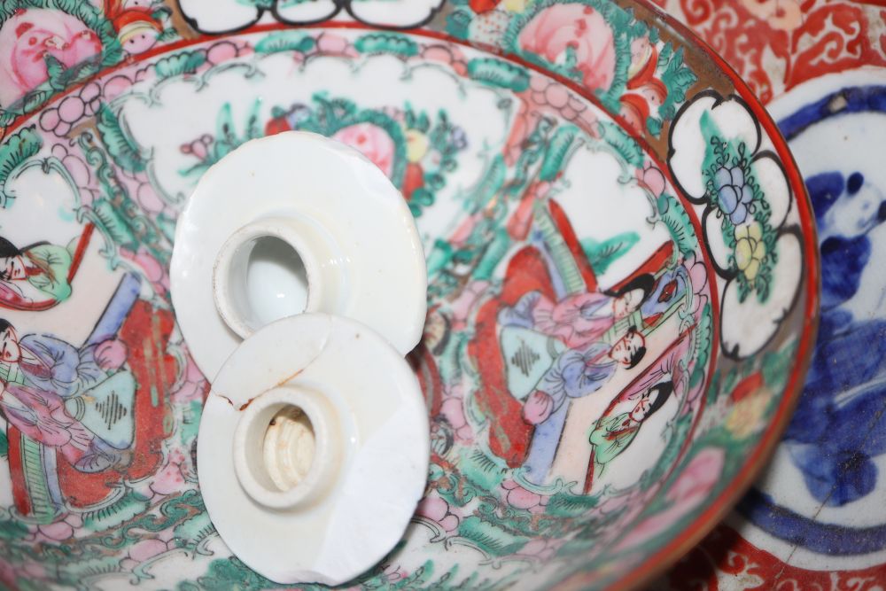 A Chinese bamboo brushpot, an Imari bowl, a Chinese vase, a bowl, a jar and two lids, largest diameter 28cm